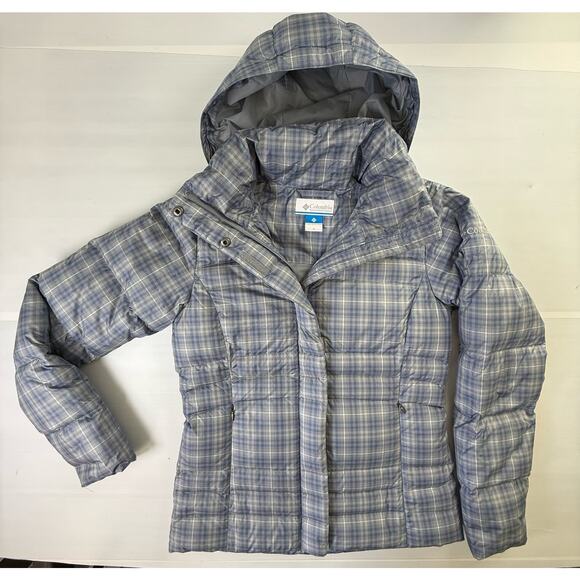 COLUMBIA Size Small Gray Blue Plaid Down Puffer Jacket Coat Hood Slim Fit Ski - Picture 1 of 7